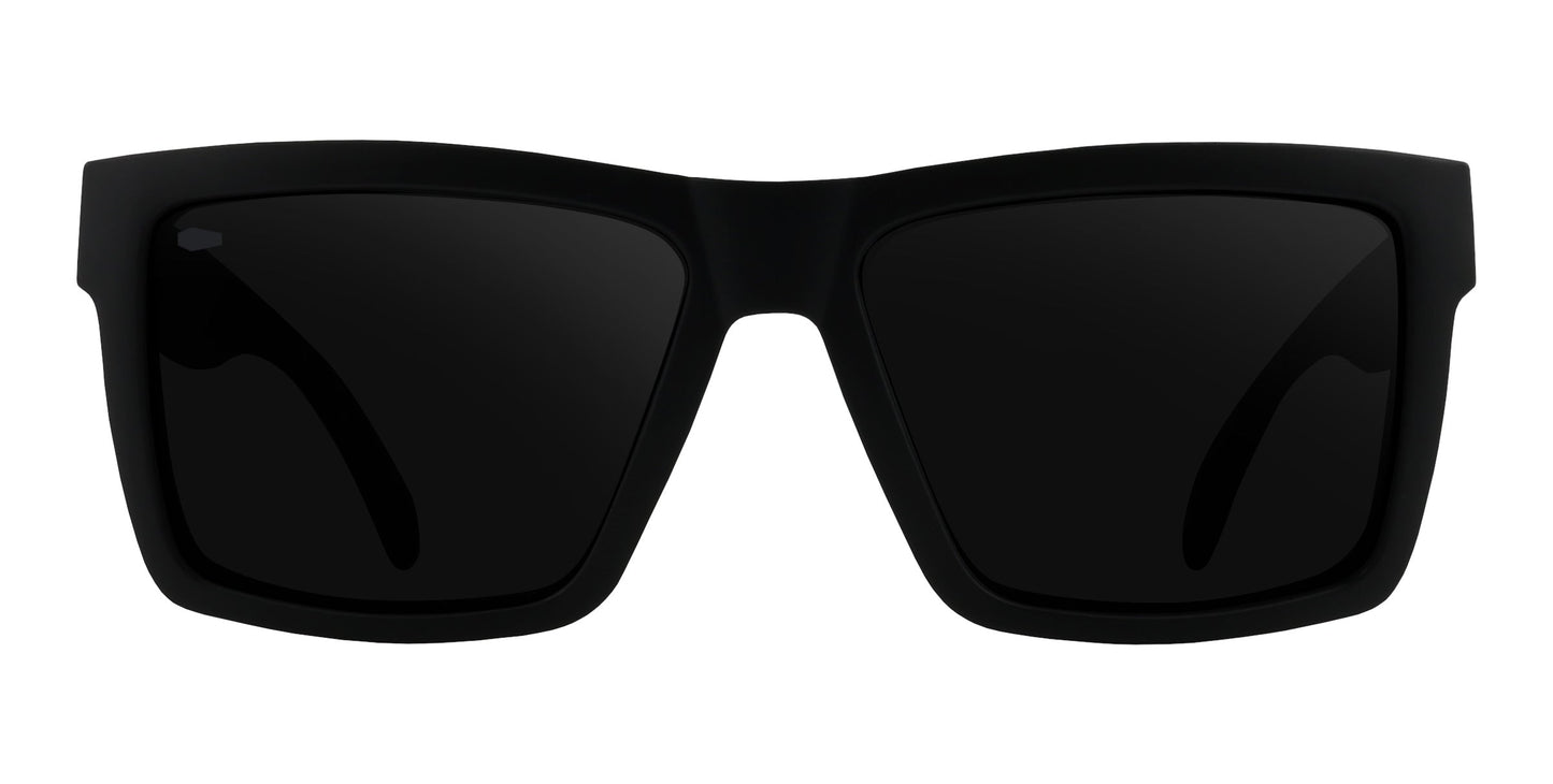 The Bad Company sunglasses by Neven Eyewear feature thick black rectangular frames with a matte finish and polarized UV400 lenses. Displayed against a plain white background, these stylish shades are the standout focus.