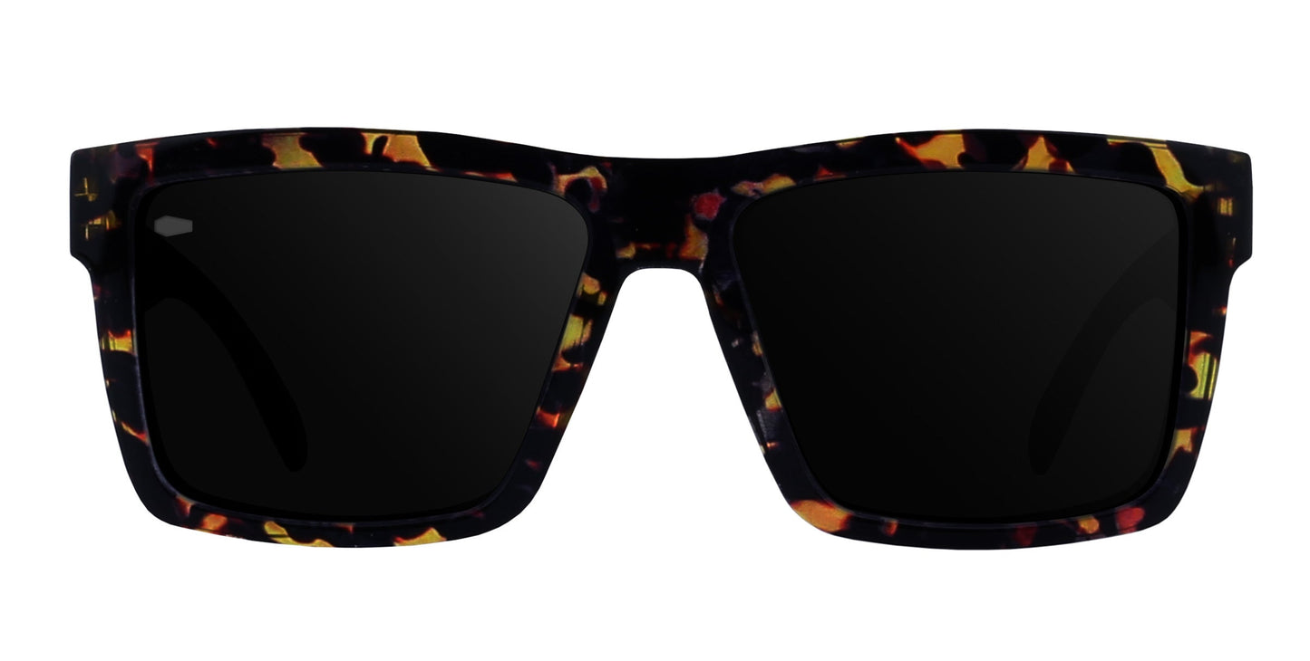 A pair of Jaguar sunglasses by Neven Eyewear, featuring rectangular dark lenses and a thick, glossy black, brown, and yellow tortoiseshell frame, shown against a white background.