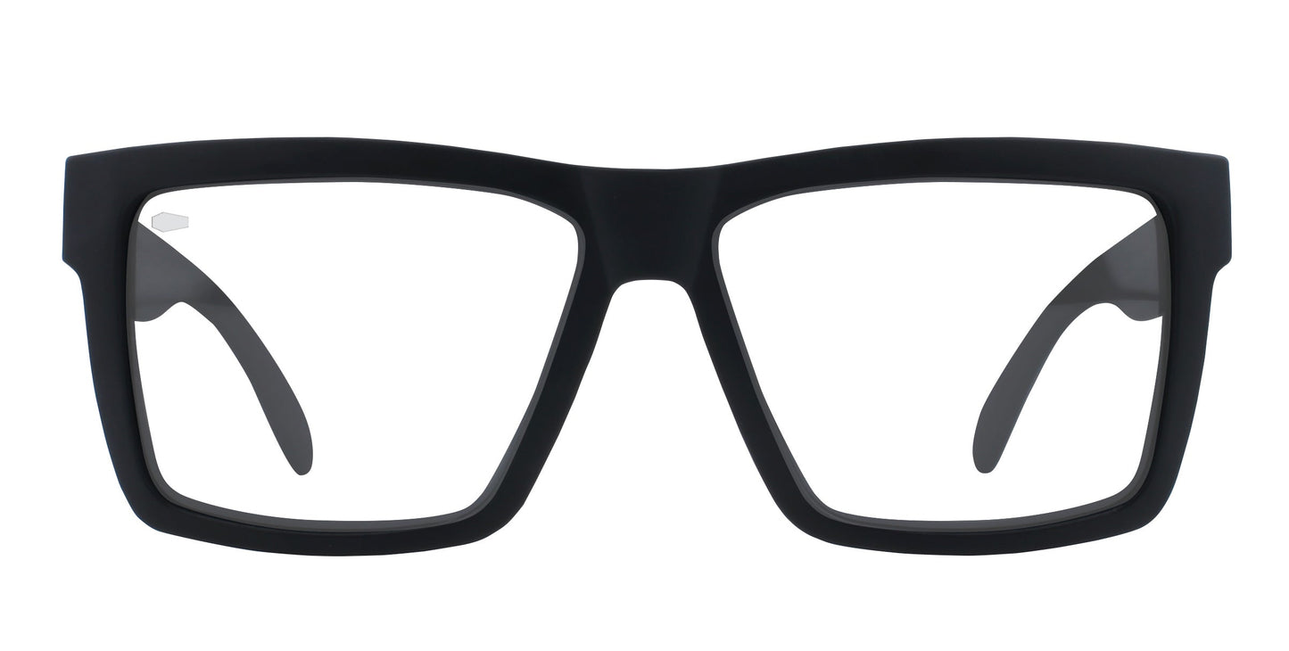 A front view of the Malibu by Neven Eyewear: black, thick-rimmed rectangular eyeglasses with clear lenses and slightly curved arms, displayed against a white background.