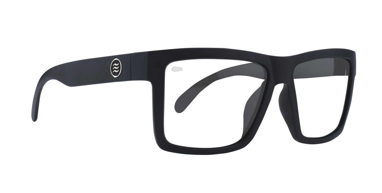 The Neven Eyewear Malibu features black rectangular frames with wide arms sporting a white circular logo with wavy lines near the hinges. Clear lenses and thick frames give these glasses a modern, bold style—perfect for Malibu rides.