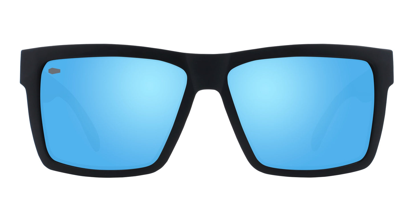 The Montauk sunglasses by Neven Eyewear feature thick matte black frames and large reflective blue lenses, photographed from the front against a white background for a bold beach-ready look.