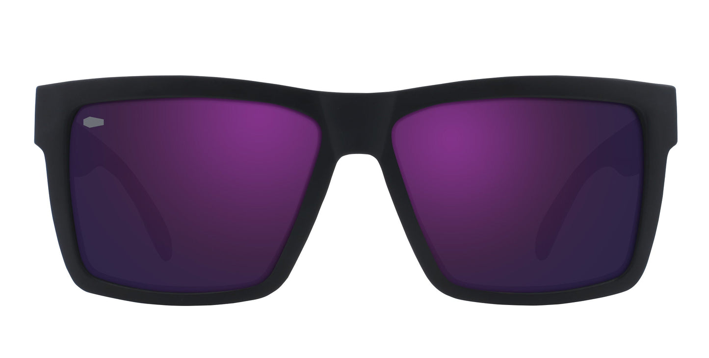 The Neven Eyewear Nightshade sunglasses feature a thick black rectangular frame and vibrant purple polarized lenses, shown front view on a white background—ideal for adding a gothic touch to your style.