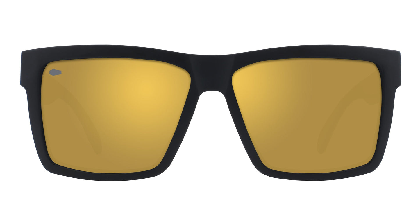The Neven Eyewear Sentry sunglasses feature a matte black rectangular frame, large slightly curved yellow-tinted lenses, thick rims, and a modern design with a small silver accent on the upper left lens corner.