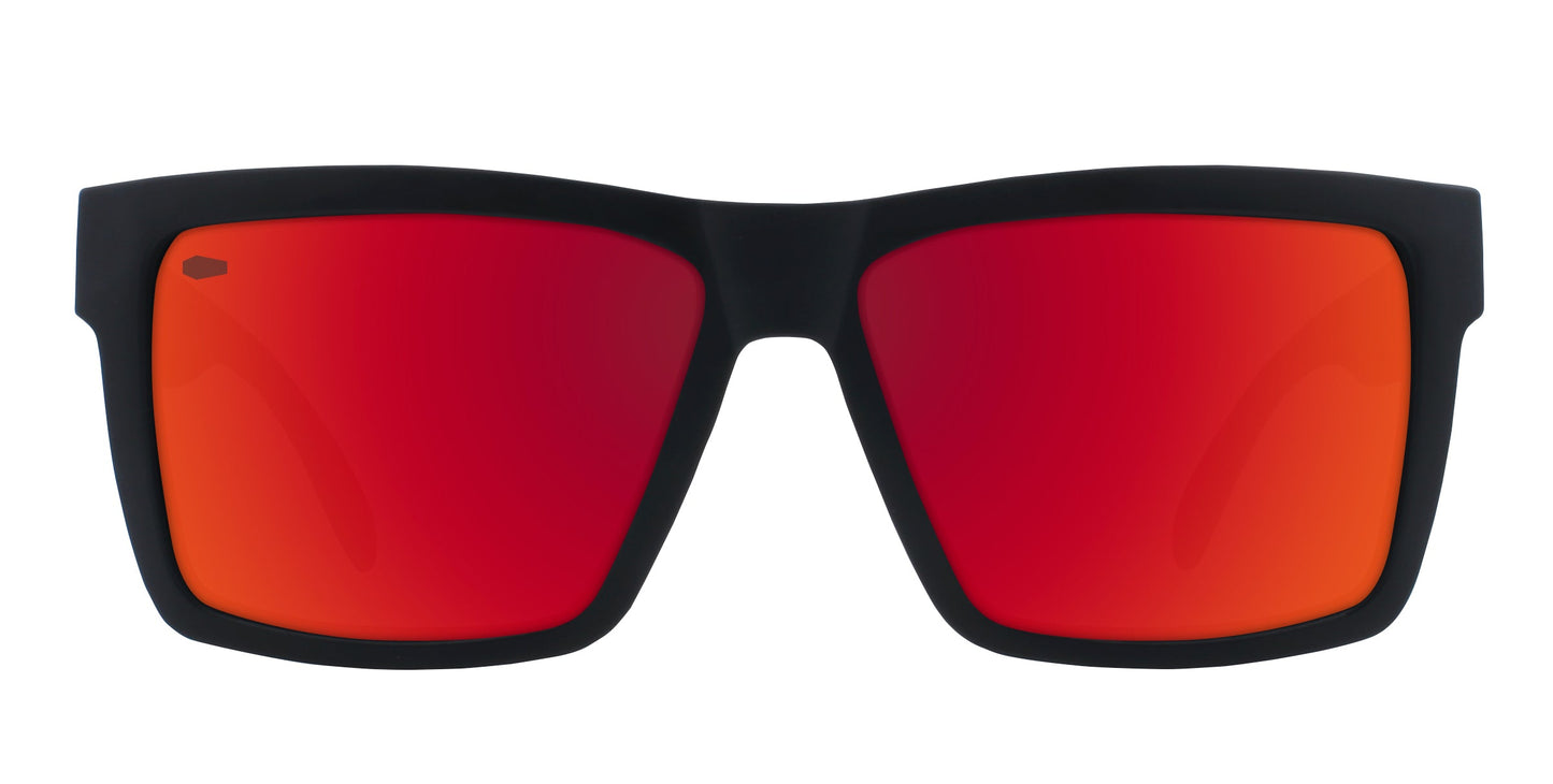 The Supernova by Neven Eyewear from the Tombstone Collection features a matte black rectangular frame with bold lines and large mirrored red-orange lenses, shown against a plain white background.