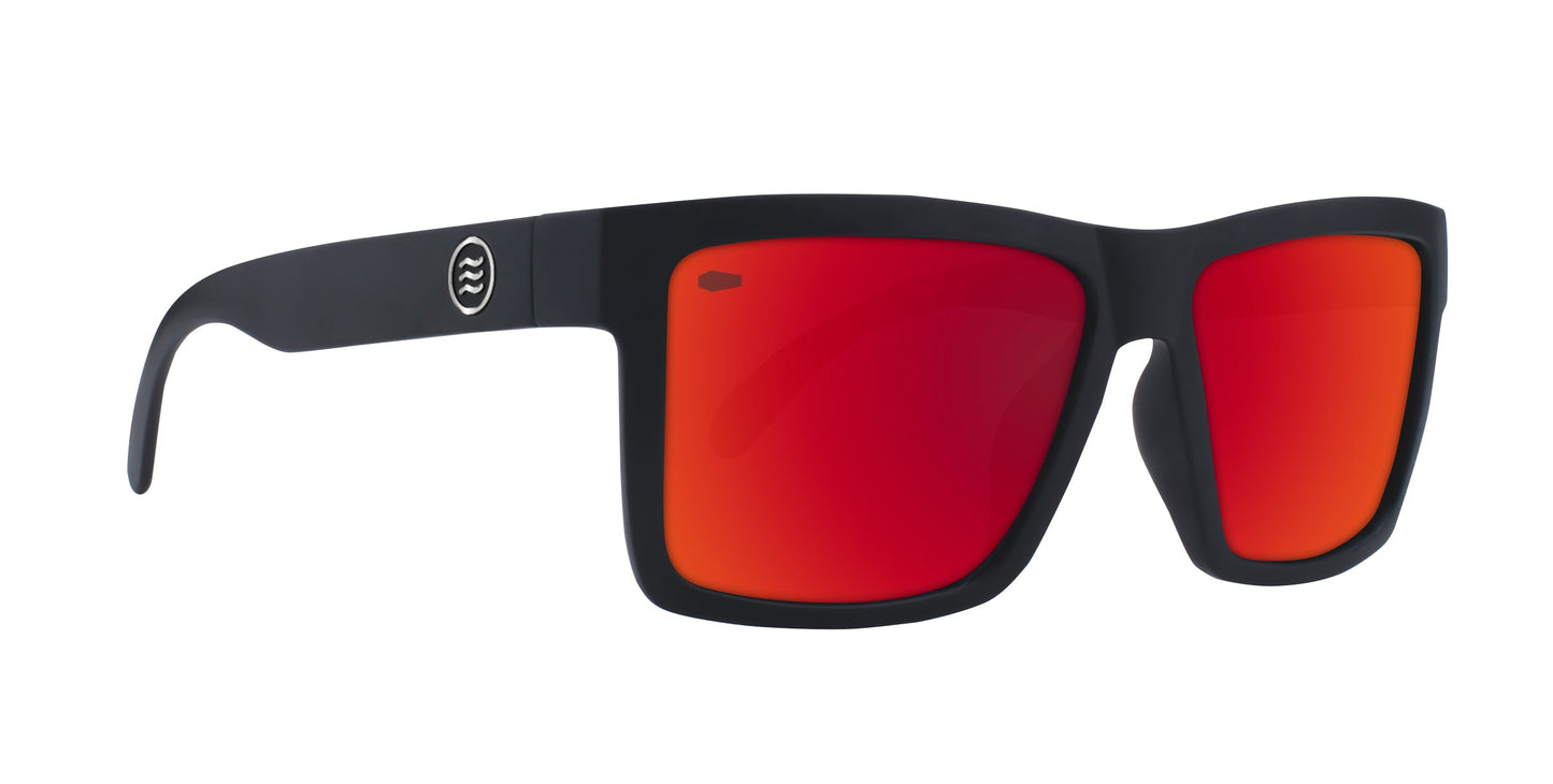 Matte black rectangular Supernova sunglasses by Neven Eyewear, featuring thick arms, a white wave logo, and bold red-orange mirrored lenses. Part of the Tim Howley Tombstone Collection collaboration. Shown on a white background.