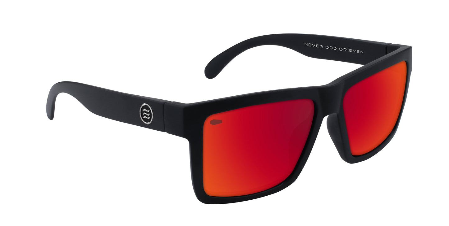 A pair of black rectangular Supernova sunglasses from Neven Eyewear, with thick frames and vibrant red-orange mirrored lenses. "NEVER ODD OR EVEN" is printed inside the arm, and a small circular logo appears near the hinge.