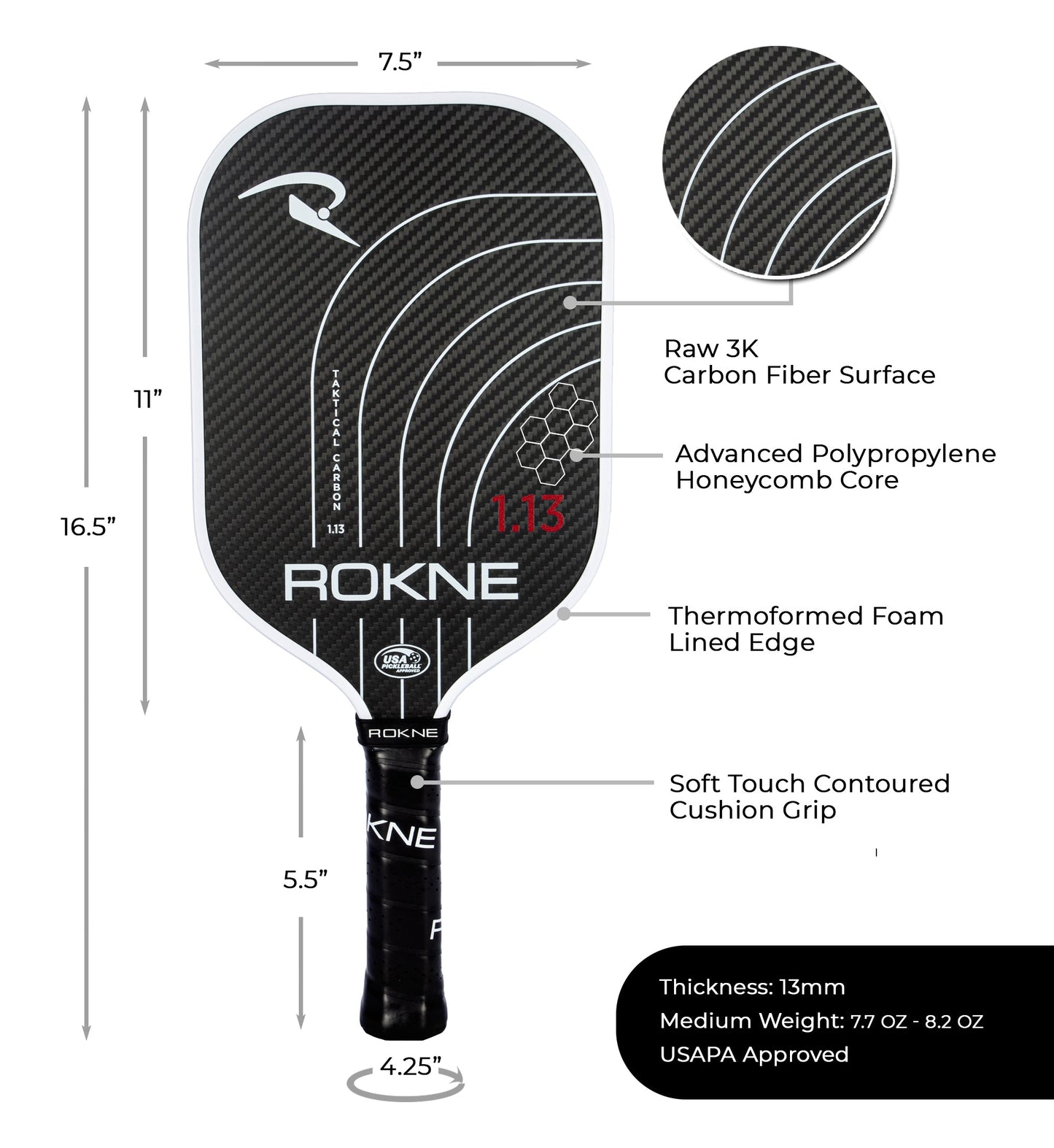 The ROKNE TAKTICAL CARBON 1.13 (13MM) is a black carbon fiber pickleball paddle with a thermoformed edge, honeycomb polypropylene core, foam-lined edge, contoured grip, 16.5"x7.5" size, 13mm thickness, and USAPA approval.
