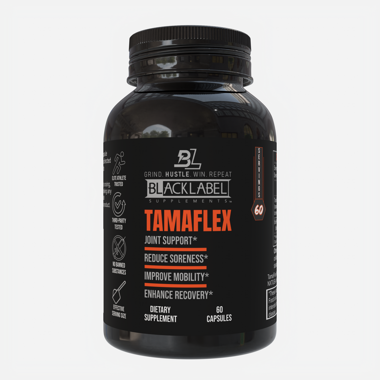 TAMAFLEX® by BLACKLABEL Supplements comes in a sleek black bottle with a black label, ideal for athletes wanting joint support or relief from achy joints.