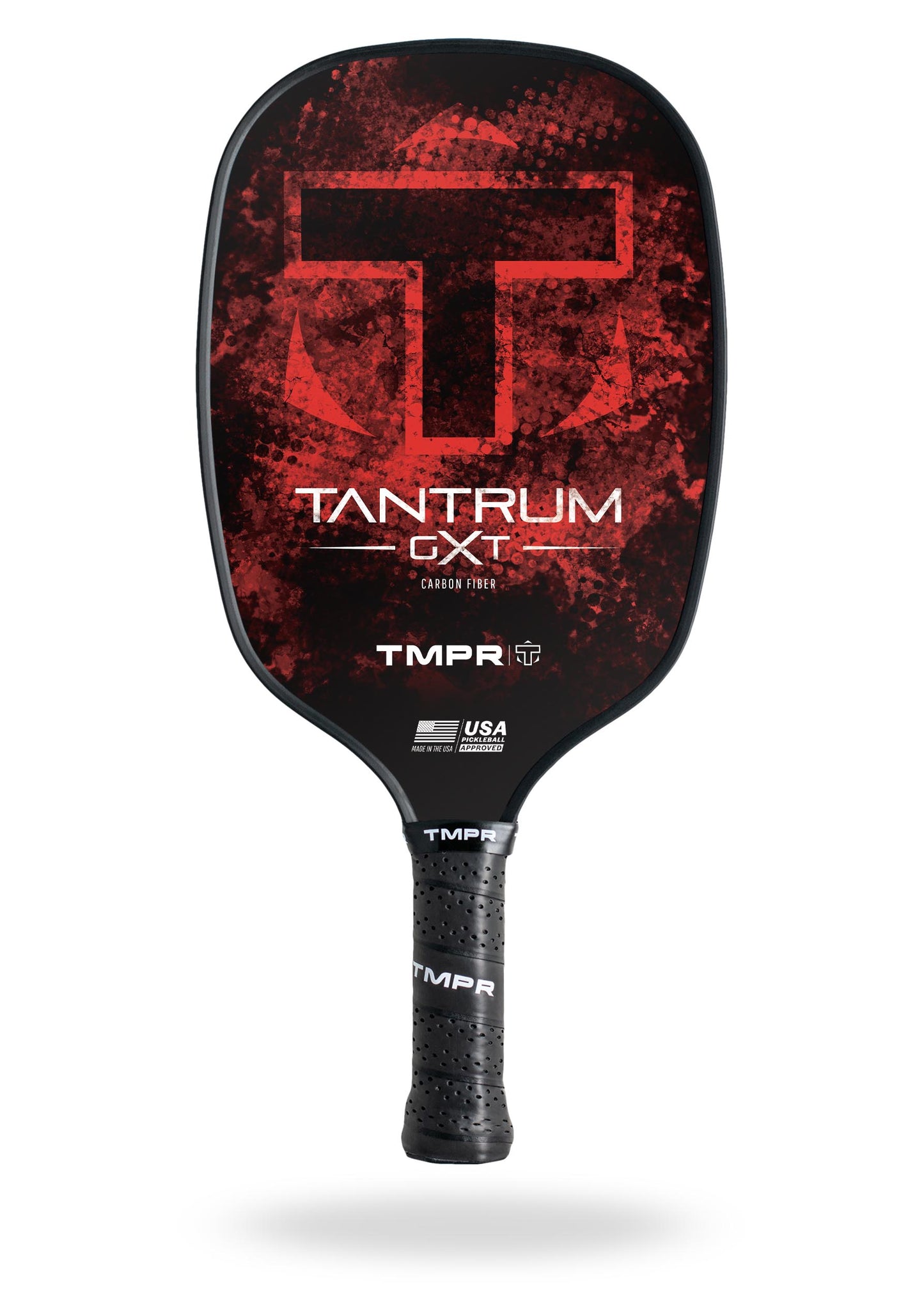 The Tantrum GXT by TMPR Sports is a black and red carbon fiber pickleball paddle featuring a large stylized T, "TANTRUM GXT" text, TMPR and USA Pickleball Approved logos. Its textured grip handle offers excellent vibration dampening.