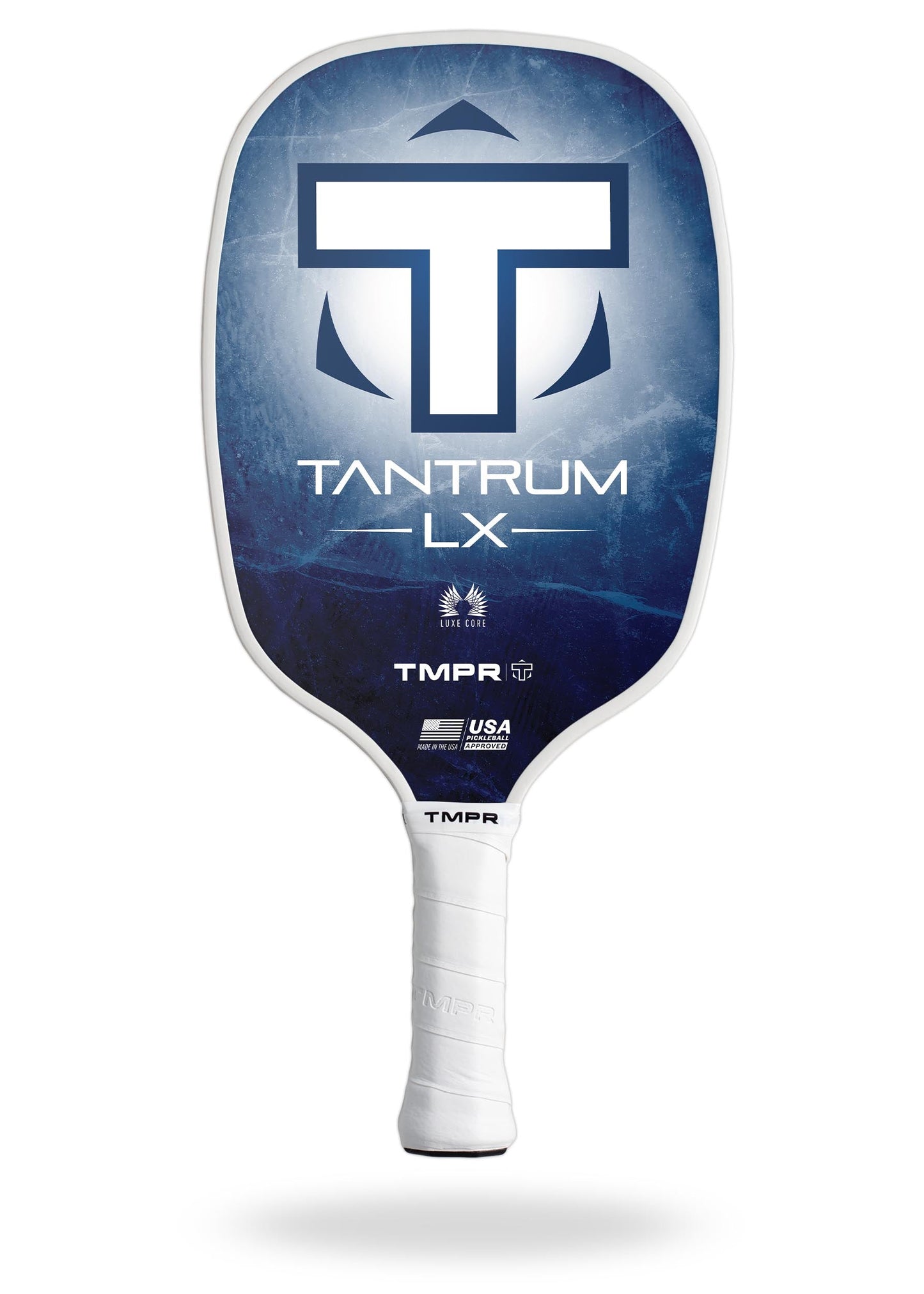 The Tantrum LX | Indigo Ice by TMPR Sports is a blue pickleball paddle with a large white "T," geometric accents, vibration dampening technology, "TANTRUM LX" print, official logos, and a white-gripped handle.
