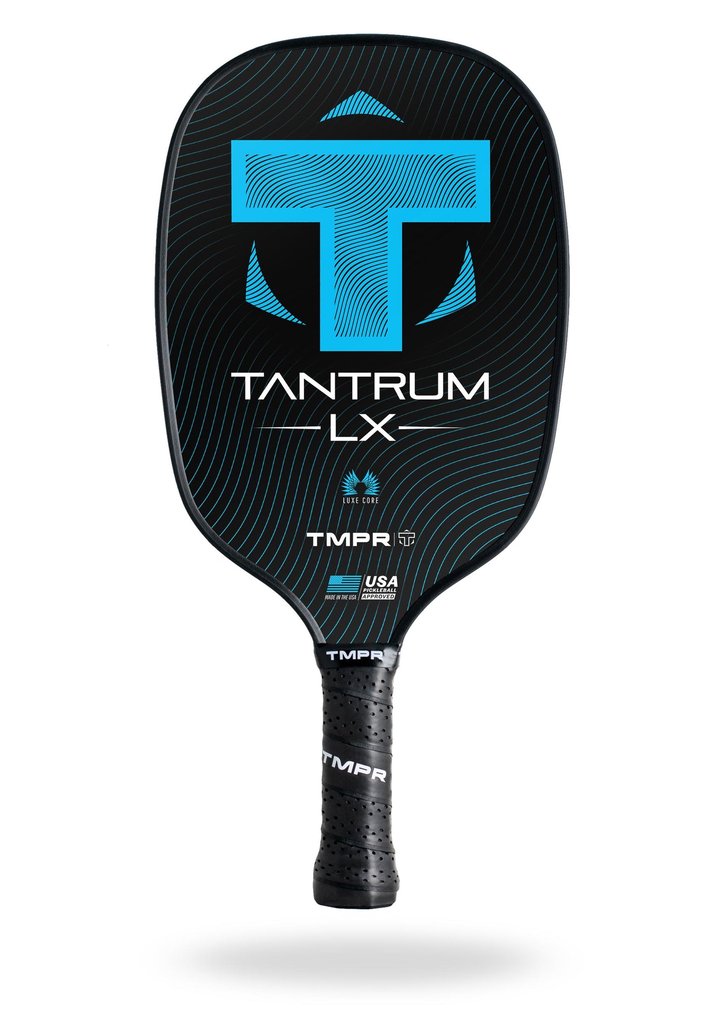 The TMPR Sports Tantrum LX is a black pickleball paddle with a longer face, large blue geometric T logo, white wave outlines, and "TANTRUM LX" and "TMPR" text. It features a black grip tape handle. Shown on a white background.