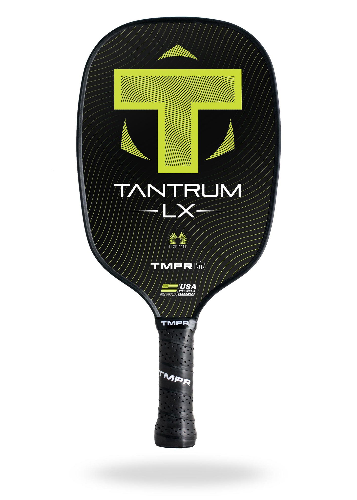 The Tantrum LX pickleball paddle by TMPR Sports features a black and yellow design, large stylized "T," diagonal line accents, TMPR and USA Pickleball Approved logos, and a perforated black grip marked “TMPR” in white.