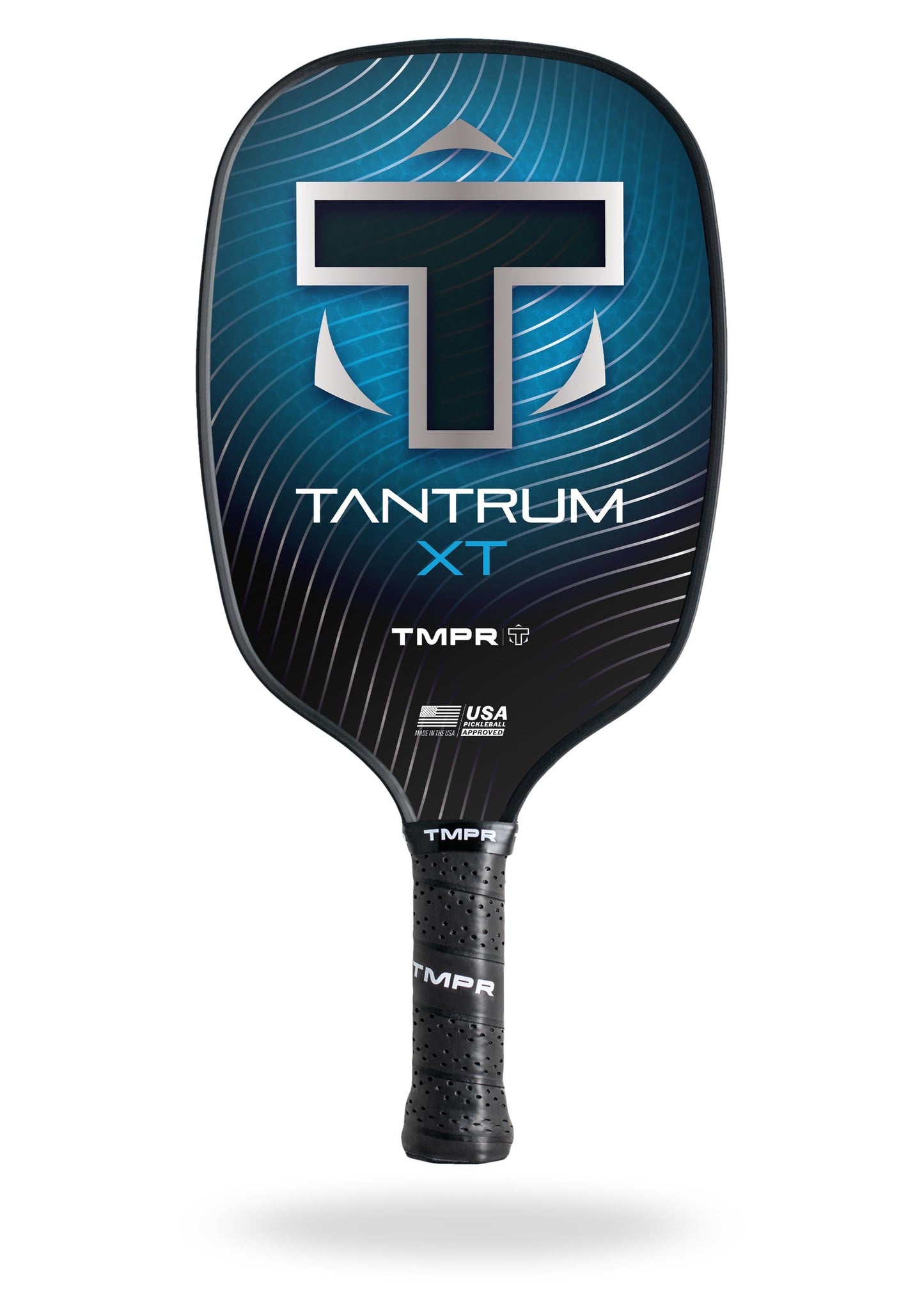 The Tantrum XT by TMPR Sports is a black and blue pickleball paddle with curved white lines, a large silver T logo, and "TANTRUM XT" in white. It features a honeycomb polymer core and is USA Pickleball Approved above the black grip.