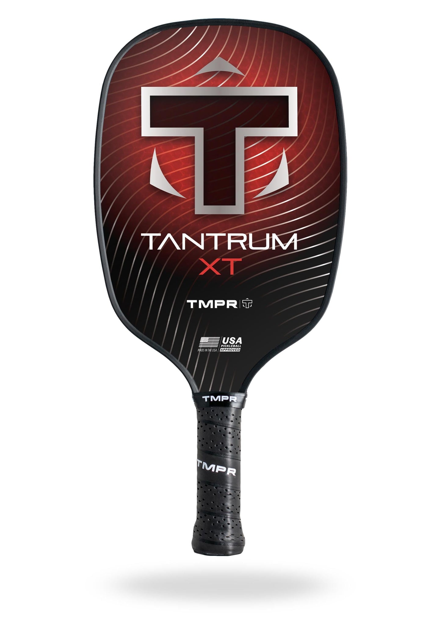 The TMPR Sports Tantrum XT pickleball paddle has a black handle, red and black face with white lines, and a large silver T logo. It features a honeycomb polymer core and displays "TANTRUM XT," "TMPR," and "USA Pickleball Approved" on the paddle.