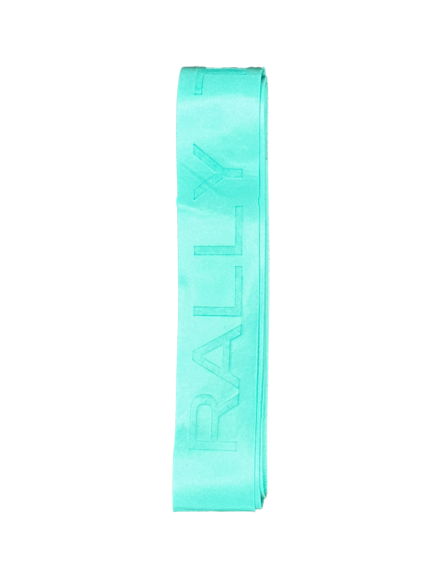 A folded teal Over Grip by Rally Titan Pickleball, featuring "RALLY" embossed vertically in large uppercase letters. Designed with anti-slip features, the grip is neatly arranged on a plain white background.