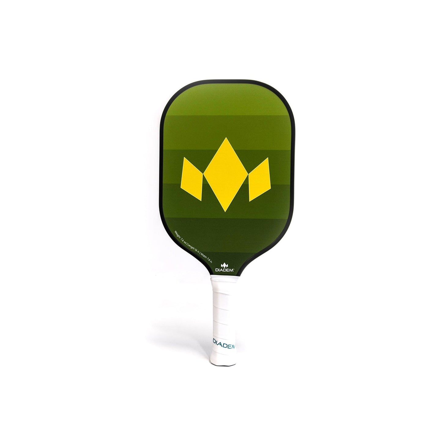 The Diadem Team Paddle by Diadem Sports is a green pickleball paddle with a black edge and a large yellow geometric crown at the center, making it perfect for family court games. The white handle features the brand name. Shown on a plain white background.