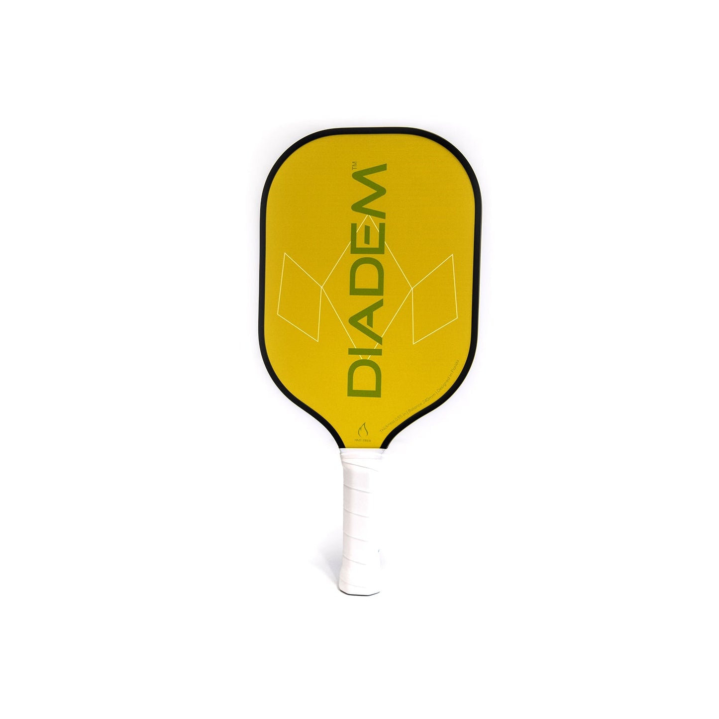 The Diadem Sports Diadem Team Paddle features a yellow face with green "DIADEM," outlined geometric shapes, a white grip handle, and black border—ideal for family court games. Shown on a plain white background.