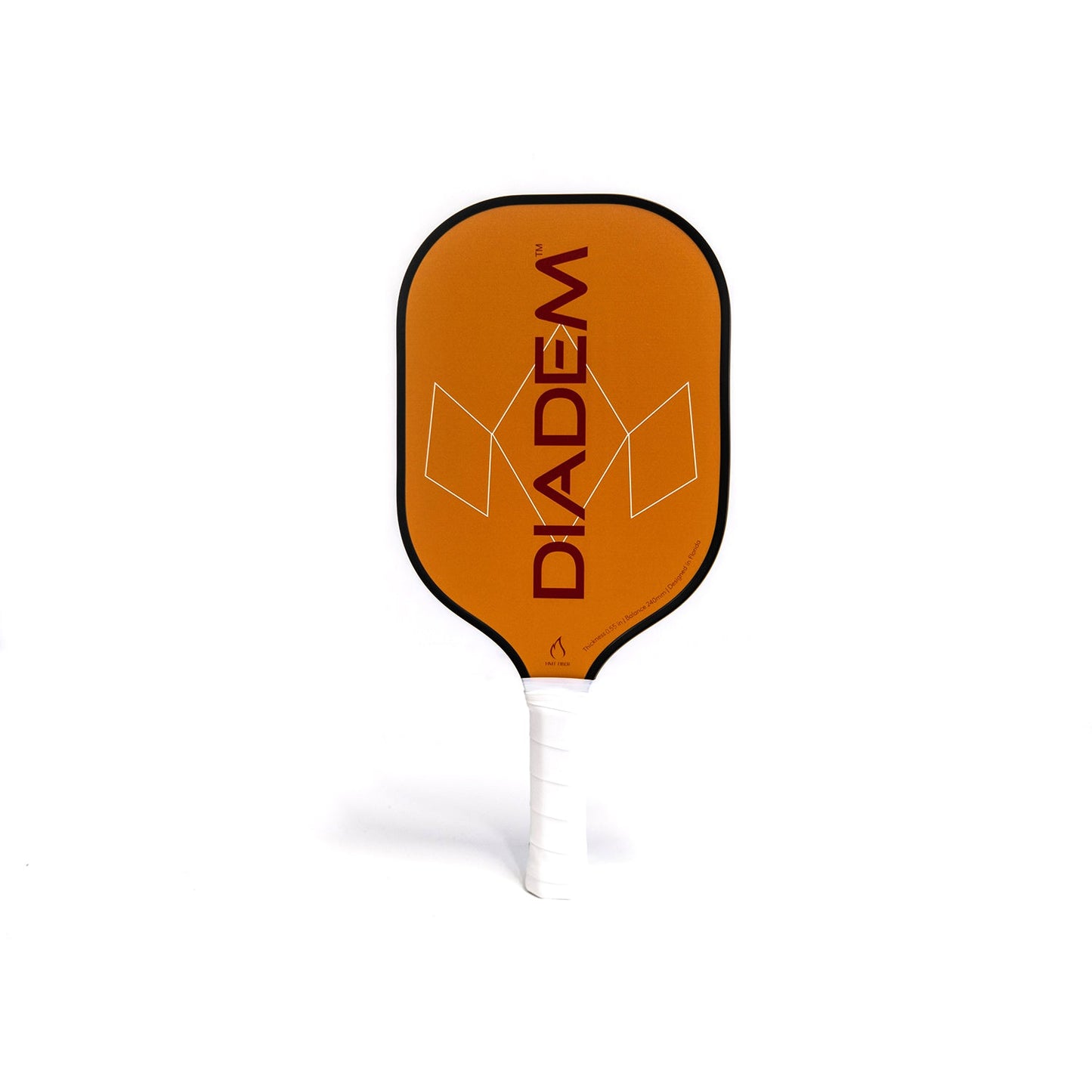 The Diadem Sports Team Paddle features an orange design with vertical “DIADEM” in red, black edges, geometric white lines, and a white grip—ideal for family games and easy to spot on any court.