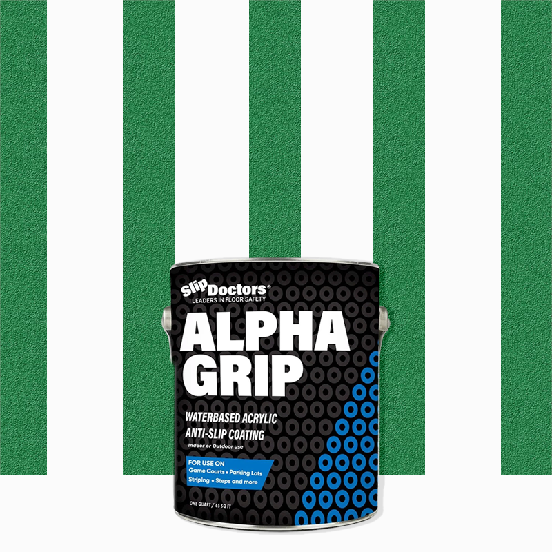 A can of SlipDoctors Alpha Grip Non-Slip Stripe and Athletic Court Paint is centered in front of a green and white vertically striped background. The black can features blue accents, highlighting its water-based acrylic formula for superior grip and safety.
