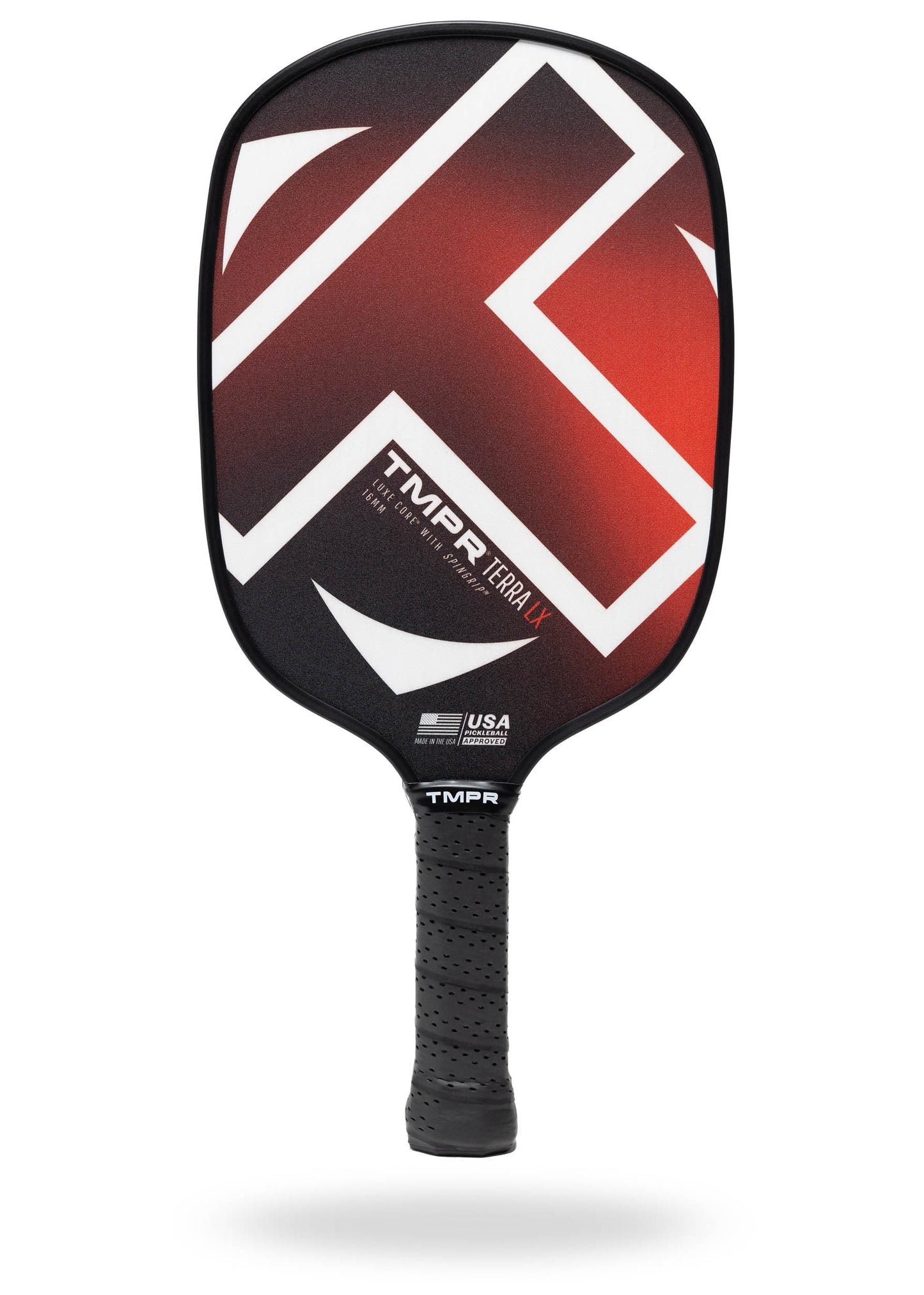 The TMPR Sports Terra LX pickleball paddle features a black handle, a red, black, and white face with bold geometric lines, plus advanced vibration dampening technology for enhanced comfort and control in a modern, sporty design.