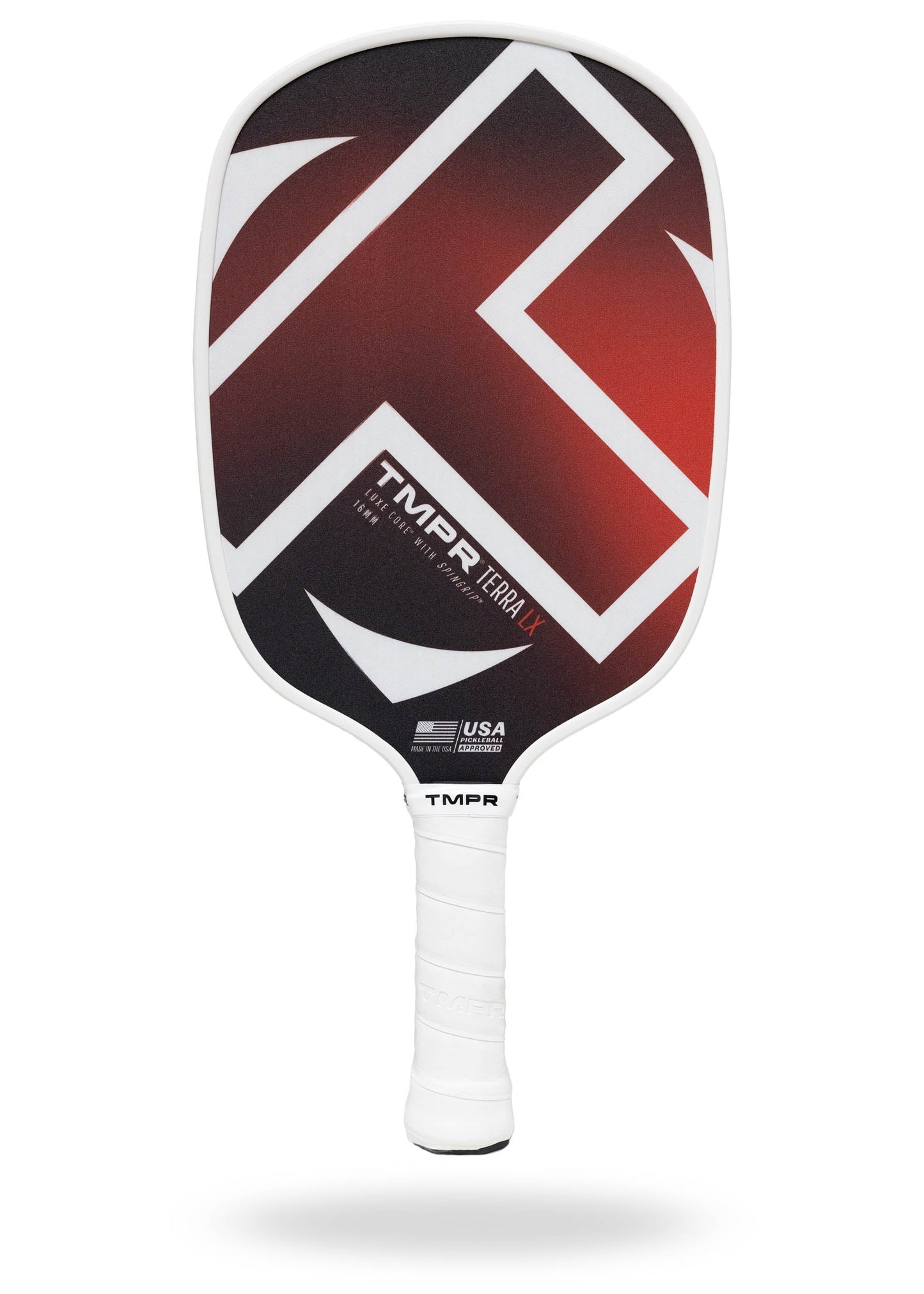 The TMPR Sports Terra LX pickleball paddle features vibration dampening, a white handle, and a black, red, and white geometric design with bold zig-zag lines. TMPR Terra LX branding accents the USA Pickleball Approved logo near the base.