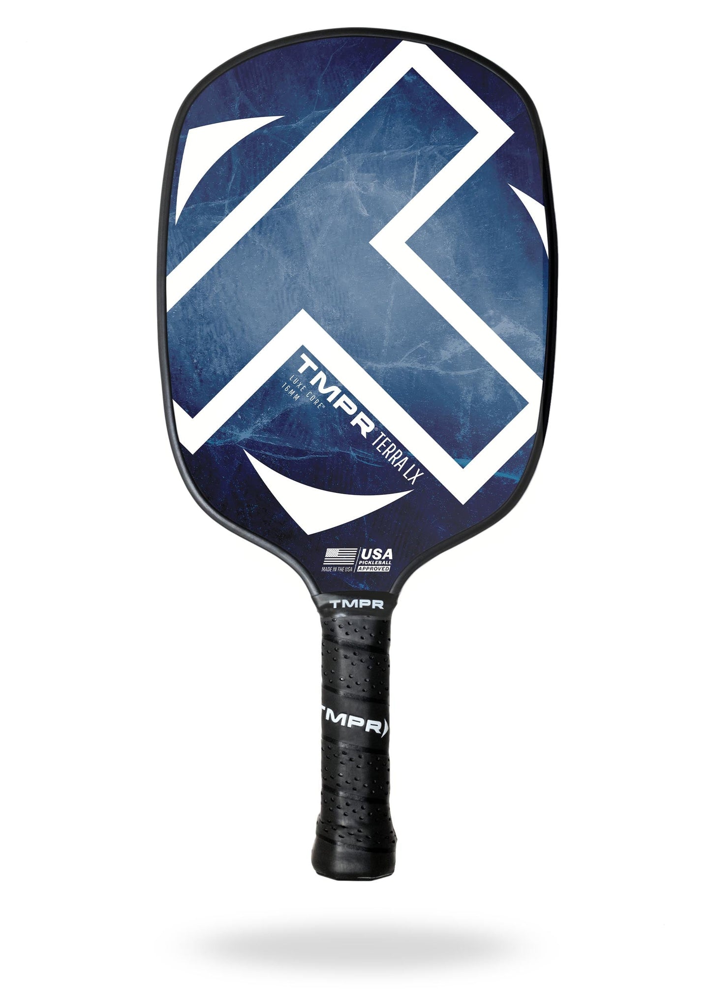 The TMPR Sports Terra LX | Indigo Ice is a blue hybrid pickleball paddle with bold white geometric lines, a black grip, enhanced spin, and a USA Pickleball Approved logo near the handle—all on a white background.