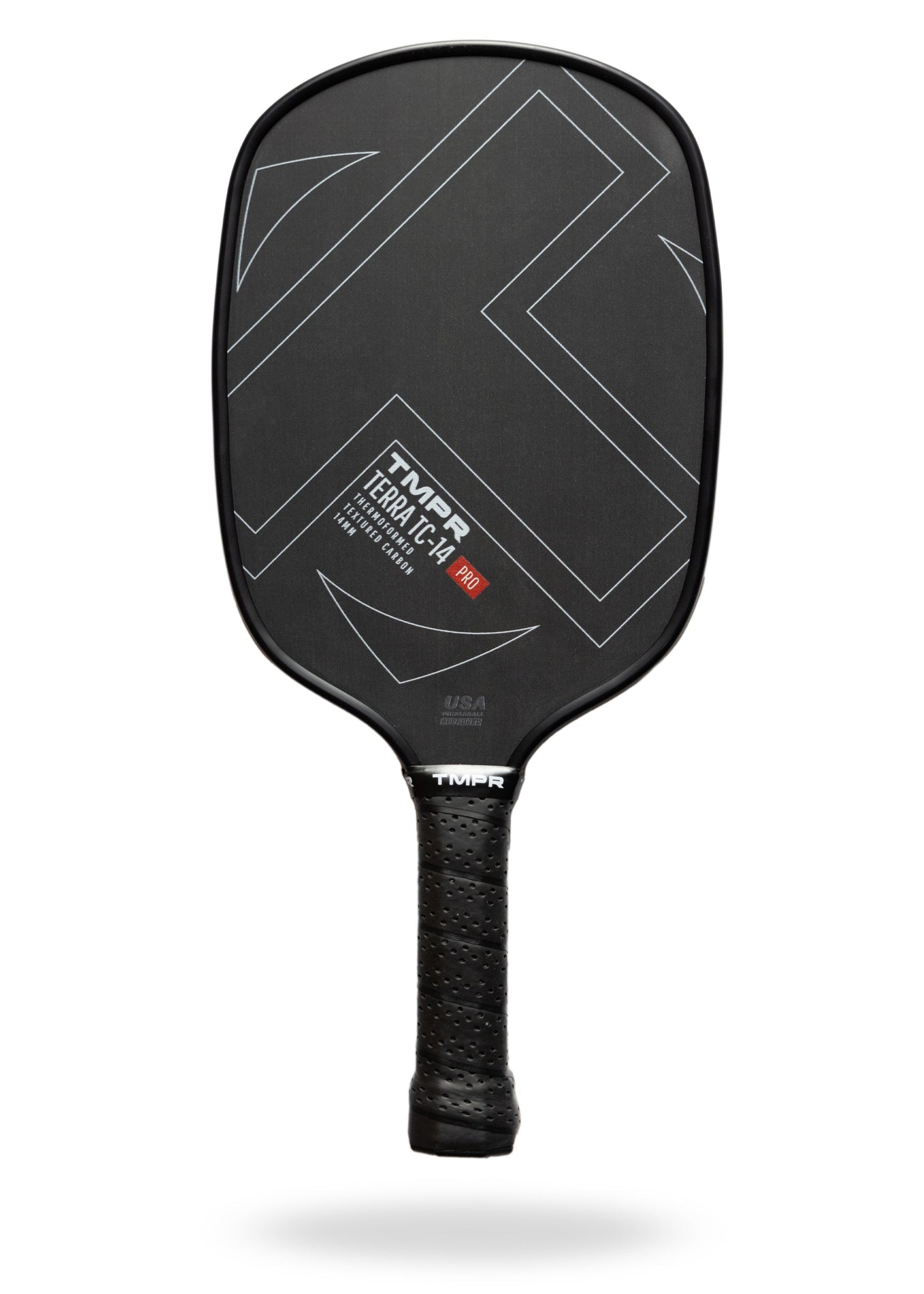 A TMPR Sports Terra TC-14 Pro pickleball paddle stands upright on a white background, showcasing its sleek carbon face with angular gray lines, white branding, and a perforated black grip tape handle.