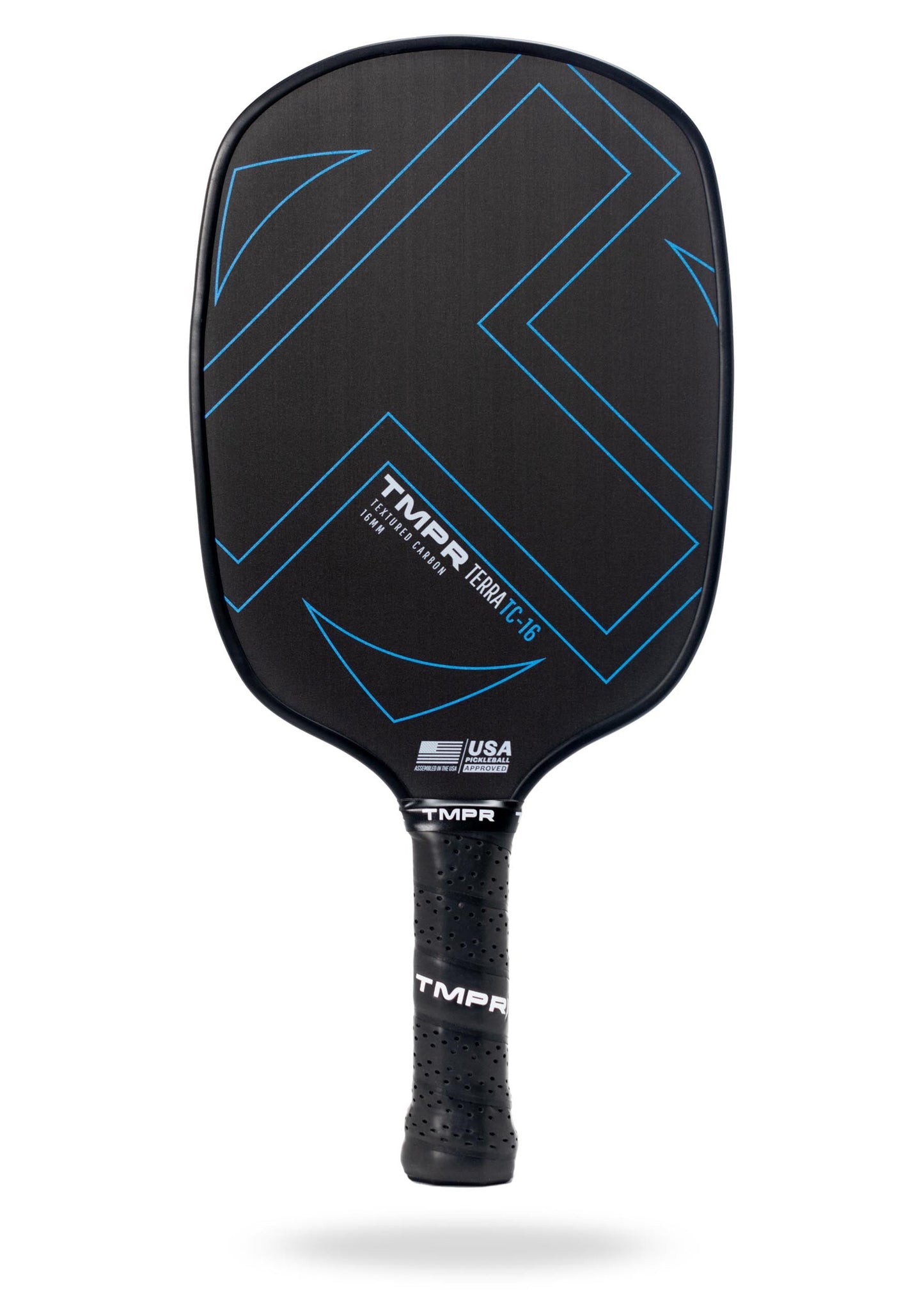 A black pickleball paddle featuring blue geometric lines on its T700 textured carbon surface. TMPR Sports Terra TC-16, the TMPR logo, and USA Pickleball Approved are printed in white. The handle is black with a textured grip.