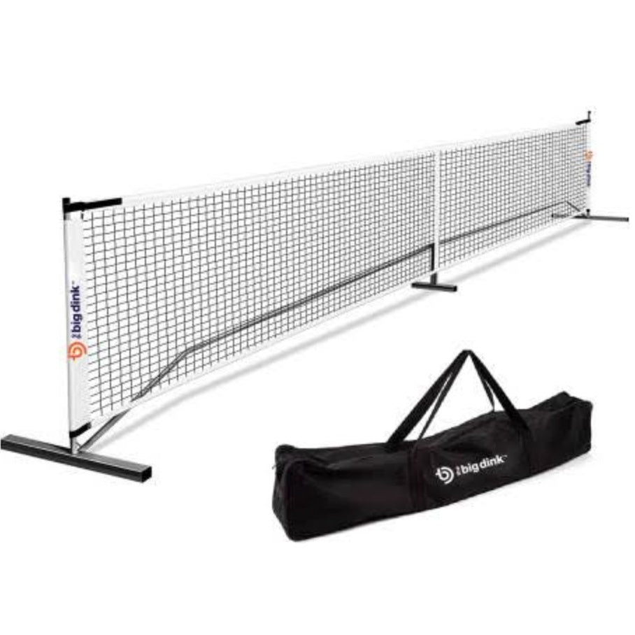 The Big Dink - Portable Pickleball Net by The Big Dink stands upright with a black mesh center and white frame featuring the logo. In front, a travel-friendly black carrying bag with handles and the same logo is shown on a white background.