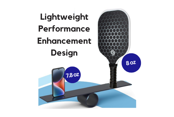 A black carbon fiber The Big Dink - Model1 Paddle (8 oz) balances on a seesaw opposite a 7.8 oz smartphone. Blue curves and white space in the background. Text: “Lightweight Performance Enhancement Design.” 2-pack Special by The Big Dink.