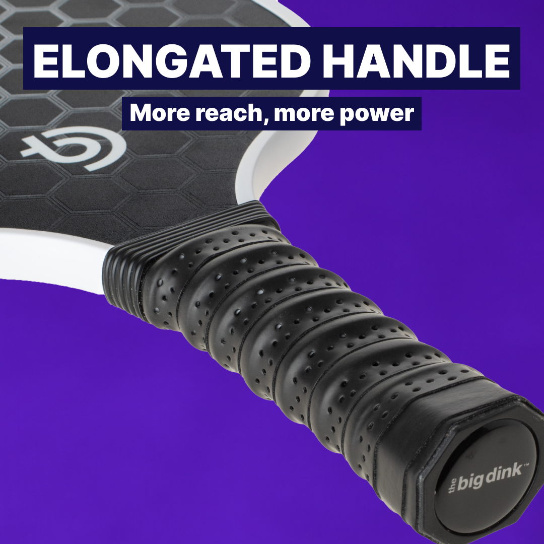 A close-up of The Big Dink - Model1 Paddle handle shows the textured black carbon fiber grip with "the big dink" logo against a purple background. Text: “Elongated handle. More reach, more power.” 2-pack Special by The Big Dink.