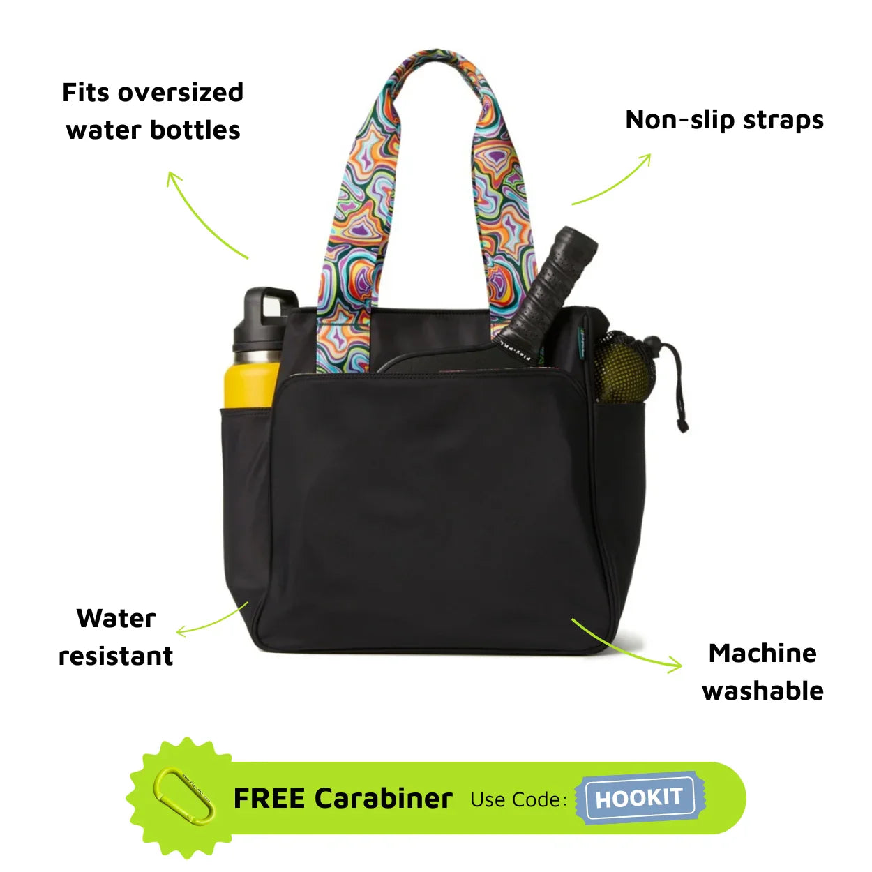 The Lulu Pickleball Tote by Playly Store features colorful, patterned non-slip straps, fits oversized bottles, is water-resistant and machine washable. Shown with a yellow bottle and gym items. Get a free carabiner with code HOOKIT.