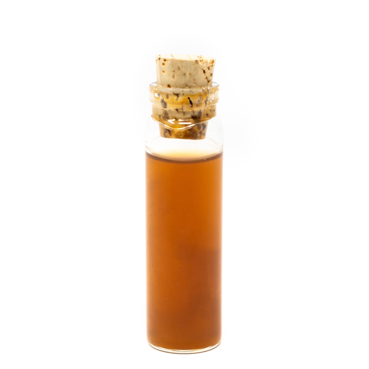 A small glass vial of Roots Apothecary ashwagandha tincture - organic stands upright on a white background, filled with amber-brown adaptogen-rich extract and sealed with a speckled cork stopper for a minimalist, textured look.