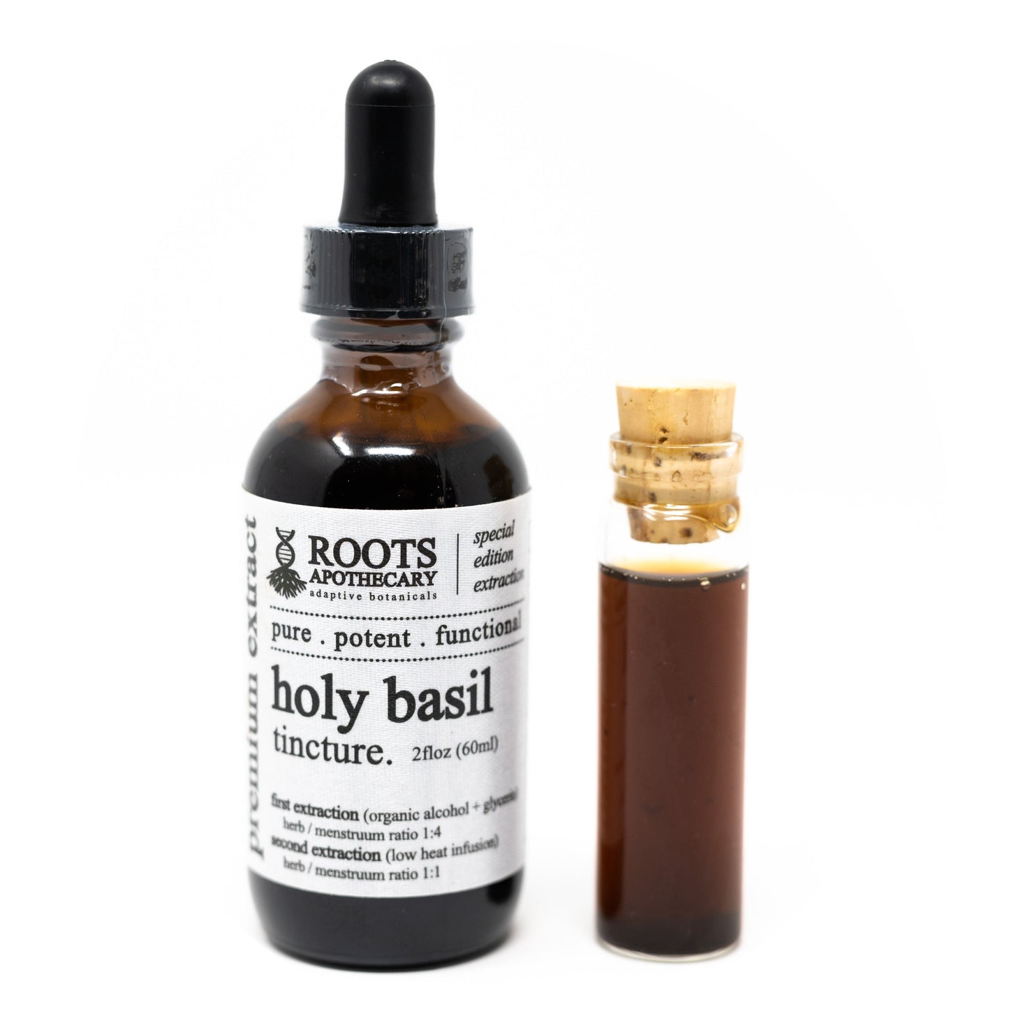 A dark glass dropper bottle labeled holy basil tincture by Roots Apothecary stands beside a small corked vial, both with brown liquid on a white background. The label features "pure. potent. functional." and calming adaptogen benefits.