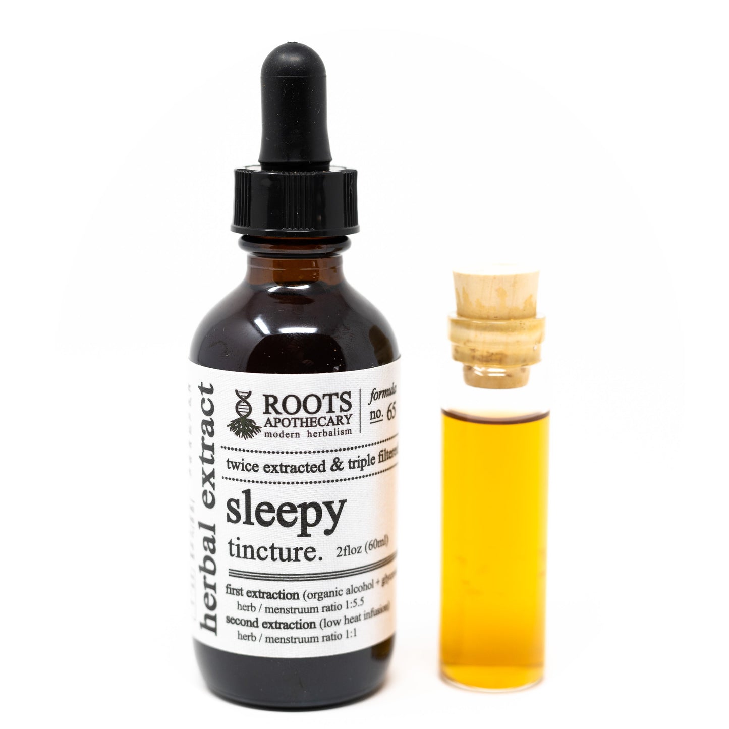 A dark glass dropper bottle labeled "Roots Apothecary Sleepy Tincture" stands next to a small clear vial of yellow liquid on a white background. The label displays the product name, brand, herbal ingredients, and usage details.