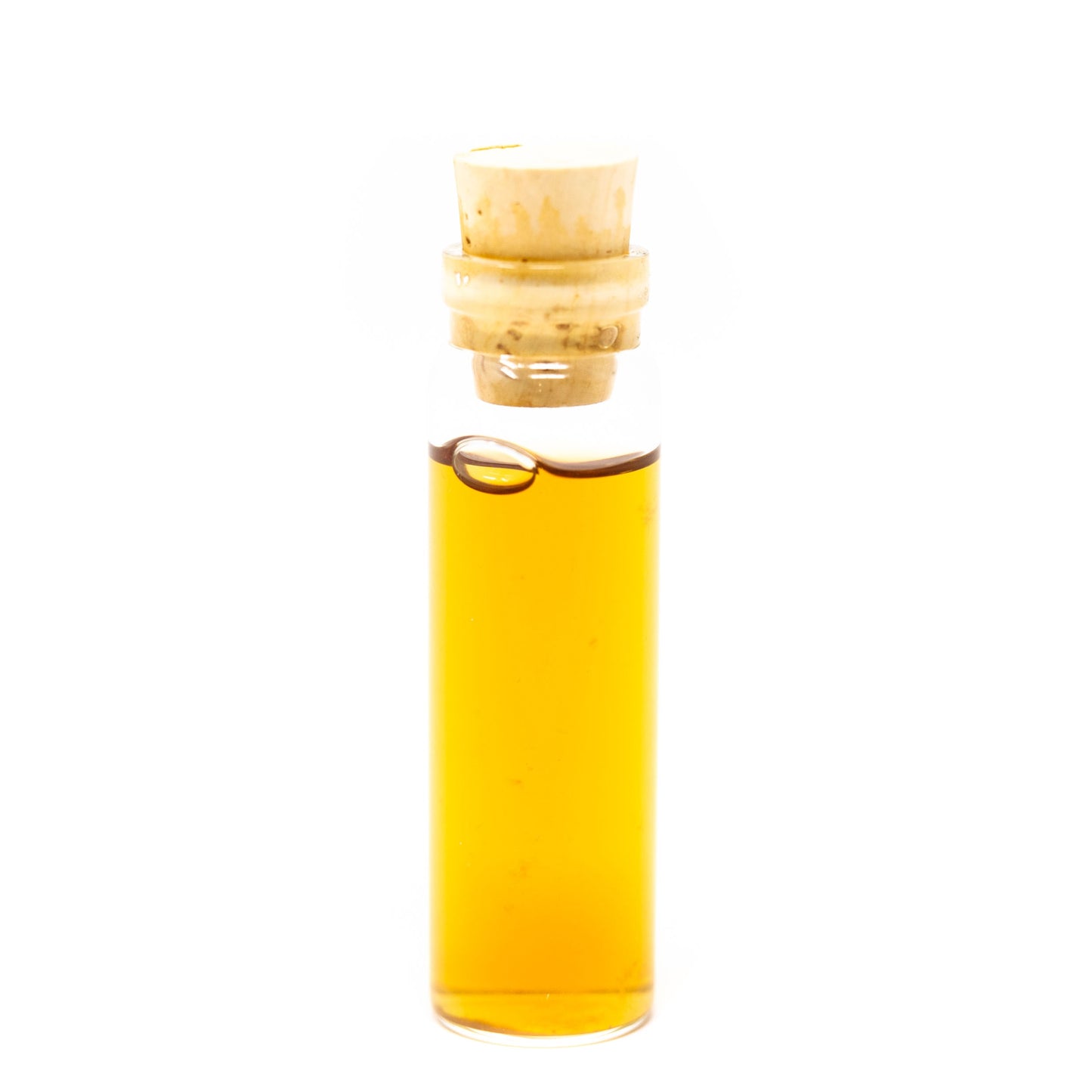 A small clear glass vial of golden yellow Sleepy Tincture by Roots Apothecary, sealed with a light wooden cork and centered on a white background, suggests natural sleep support from its soothing herbal formula.