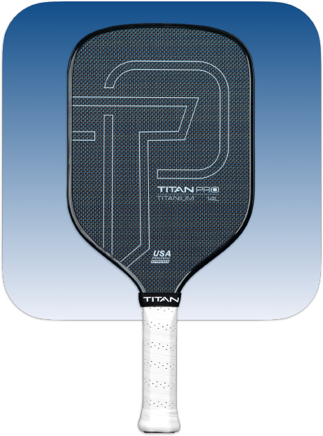 A black carbon fiber Titan Pickleball paddle labeled Titan Pro Titanium 14L features a textured face, large stylized T design, and a white grip-taped handle. The background shows a blue-to-white gradient with rounded corners.