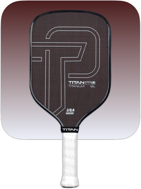 The Titan Pro Titanium 16L by Titan Pickleball features a black face with white geometric TP lines, a USA Pickleball label, and a white grip handle—all set against a maroon-to-gray background. Ideal for those seeking stylish, professional pickleball paddles.