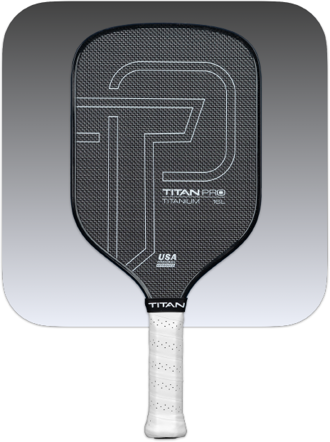 The Titan Pickleball Titan Pro Titanium 16L paddle features a black face with a white TP logo and "TITAN PRO TITANIUM SERIES" text, white grip tape, and is set against a gray gradient background with rounded corners.