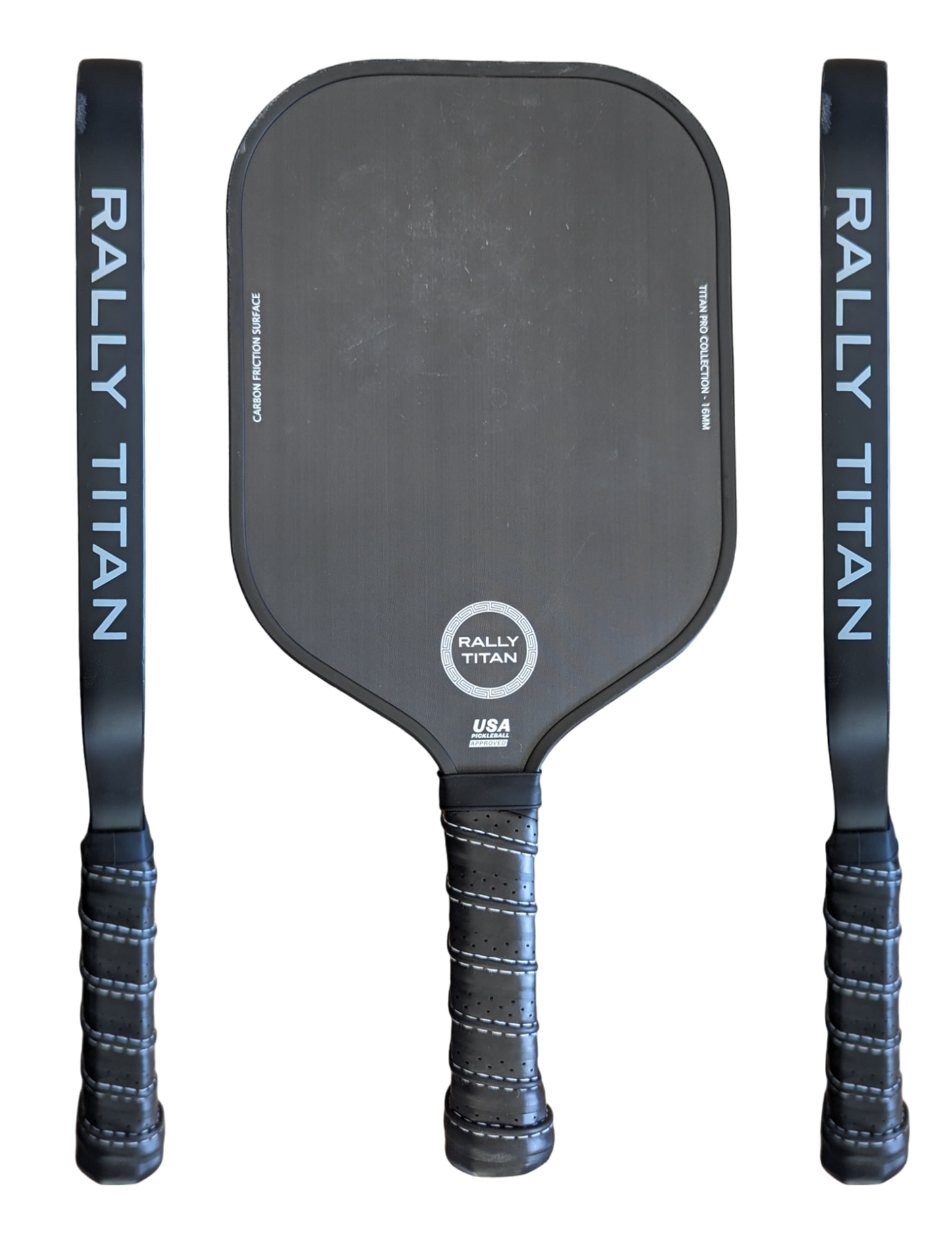 A black Titan Pro Control 16MM pickleball paddle by Rally Titan Pickleball features a T700 textured carbon friction surface and "RALLY TITAN" branding. The USAPA approved, rounded rectangle paddle rests on a white background.