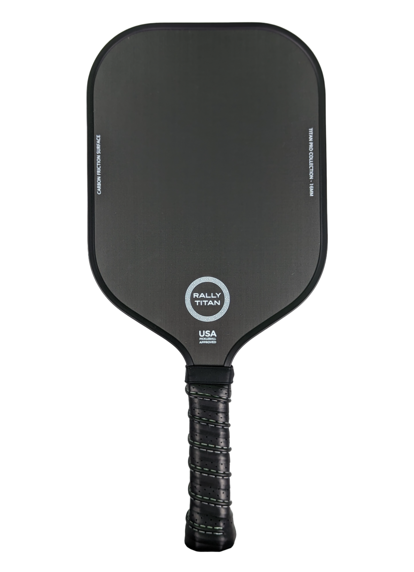 The Rally Titan Pickleball Titan Pro Control paddle features a black T700 carbon friction surface with a 16MM textured face, rectangular shape with rounded edges, and a textured black grip. "Rally Titan" and "USAPA approved" are printed in white near the handle.