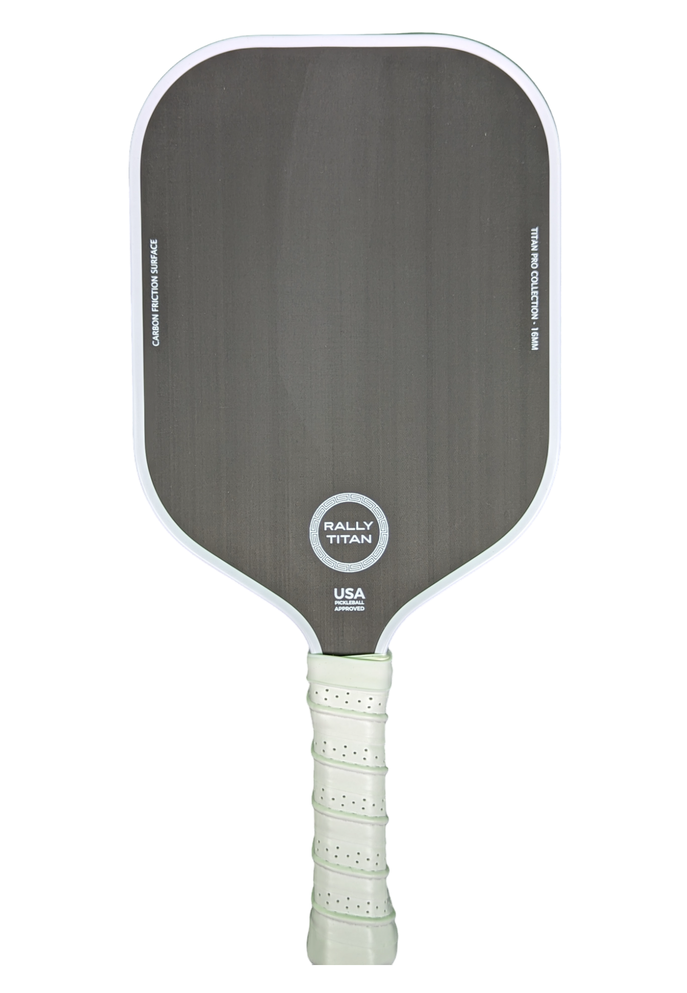 The Rally Titan Pickleball Titan Pro Control paddle features a 16MM T700 Titan textured carbon friction surface, a dark rectangular face with rounded edges, white border, and a perforated white grip. Branding appears on the face and edges.