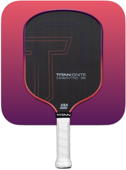 The Titan Ignite 16S by Titan Pickleball is a black carbon fiber paddle with thin geometric lines, a subtle T design, red and purple edges, and a white grip—ideal for buyers seeking stylish pickleball paddles.