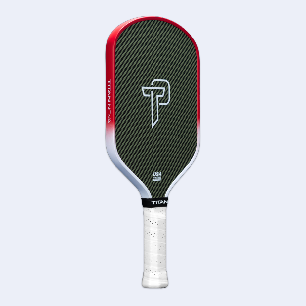 The Titan Pickleball Titan Nova 14L features an elongated carbon fiber paddle with a textured face, bold white TP logo, red-to-white border, and white grip tape—delivering style and performance on the court.