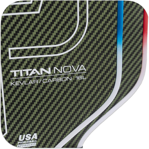 Close-up of the Titan Pickleball Titan Nova 14L paddle, featuring a unique carbon fiber pattern. Text reads “TITAN NOVA 14L” and “USA PICKLEBALL APPROVED” with white curves and blue/red accents on the edges.