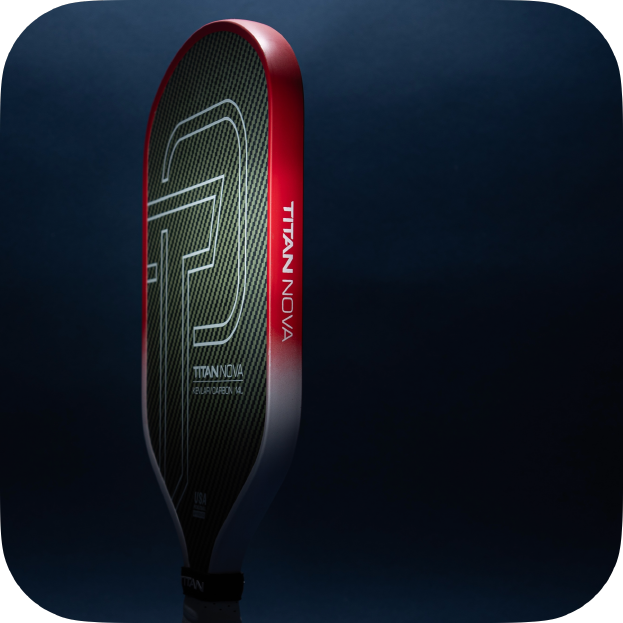 A close-up shows the Titan Pickleball Titan Nova 14L carbon fiber paddle upright against a dark background, featuring a sleek red edge, black face with a bold design, and the Titan Nova logo on its surface.