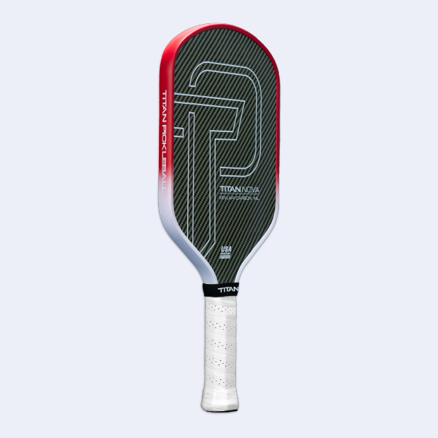 The Titan Pickleball Titan Nova 14L is a carbon fiber paddle with a black textured face, bold light gray geometric lines, a red left edge, white grip tape, and “TITANOVA” plus USA Pickleball Approved near the throat.