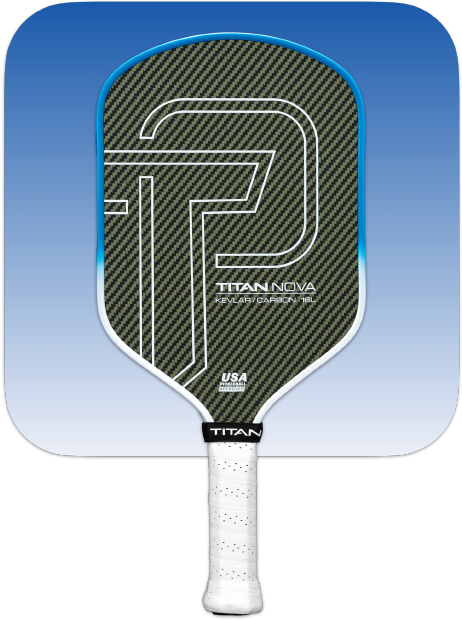 The Titan Pickleball Titan Nova 16L is a pro-level carbon fiber paddle with a black and green face, bold white "TP" logo, "TITAN NOVA 16L," USA Pickleball Approved. Features a blue edge, white grip, and black “TITAN” label on the throat.