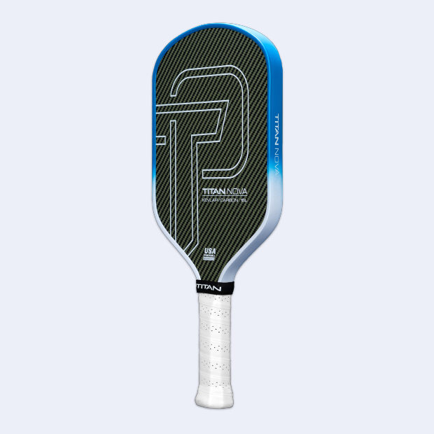 The Titan Pickleball Titan Nova 16L is a pro-level carbon fiber paddle with a black face, large stylized “T” graphic, blue edges, TITAN NOVA branding, and a perforated white grip-taped handle on a light gray background.