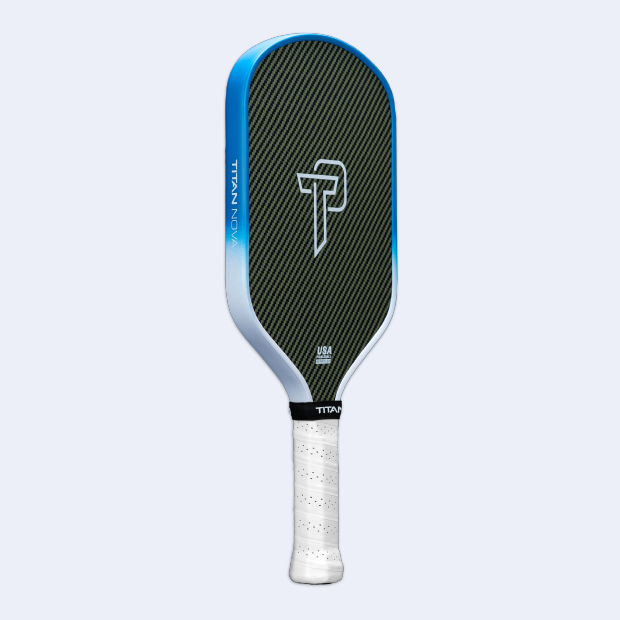 The Titan Pickleball Titan Nova 16L is a modern carbon fiber paddle with a black textured face, blue "TP" logo, blue-to-silver edge fade, and a white "TITANIUM" grip—designed for pro-level performance against any opponent.